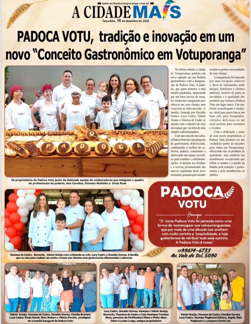 Matéria do jornal A Cidade Mais sobre a inauguração da Padoca Votu em dezembro de 2024